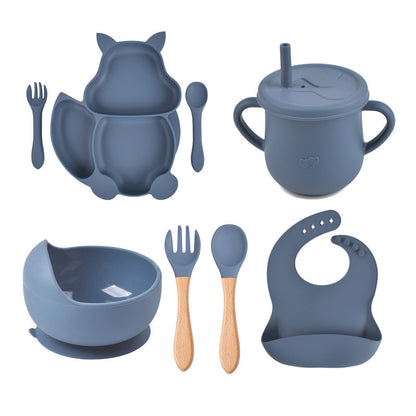 8 PCs Babies' Tableware Set Squirrel Dinner Plate Cup With Straw Silicone Bowl Bib Compartment Tray Spoon Fork Baby Bowl Wholesale