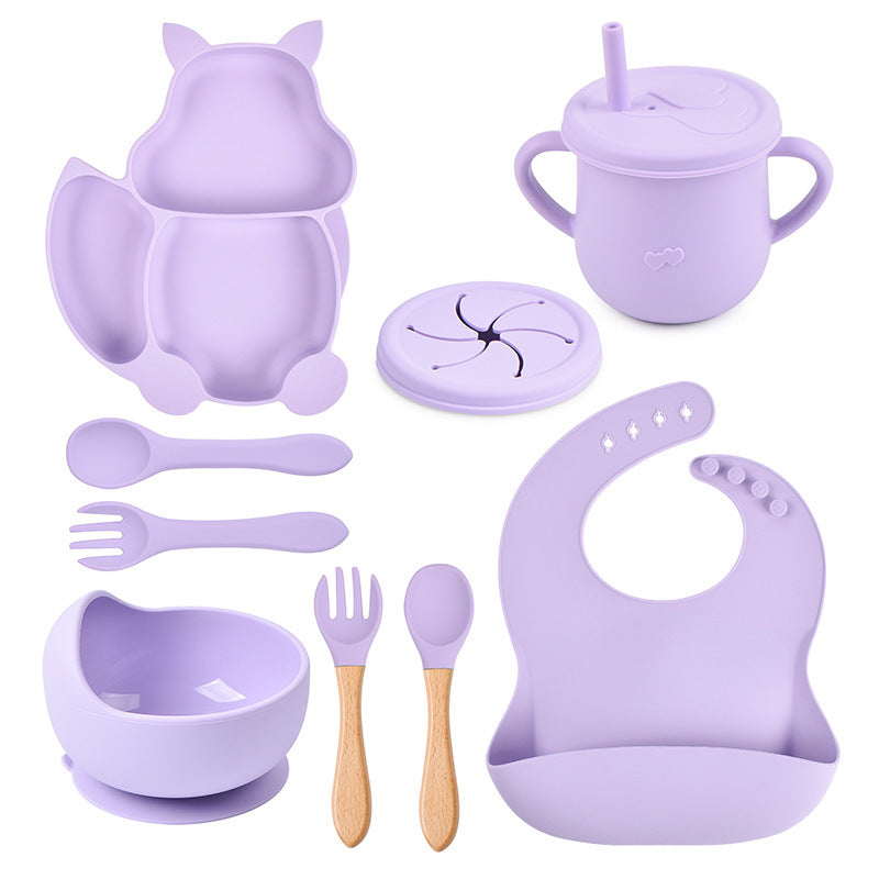 8 PCs Babies' Tableware Set Squirrel Dinner Plate Cup With Straw Silicone Bowl Bib Compartment Tray Spoon Fork Baby Bowl Wholesale