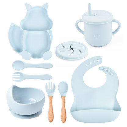 8 PCs Babies' Tableware Set Squirrel Dinner Plate Cup With Straw Silicone Bowl Bib Compartment Tray Spoon Fork Baby Bowl Wholesale